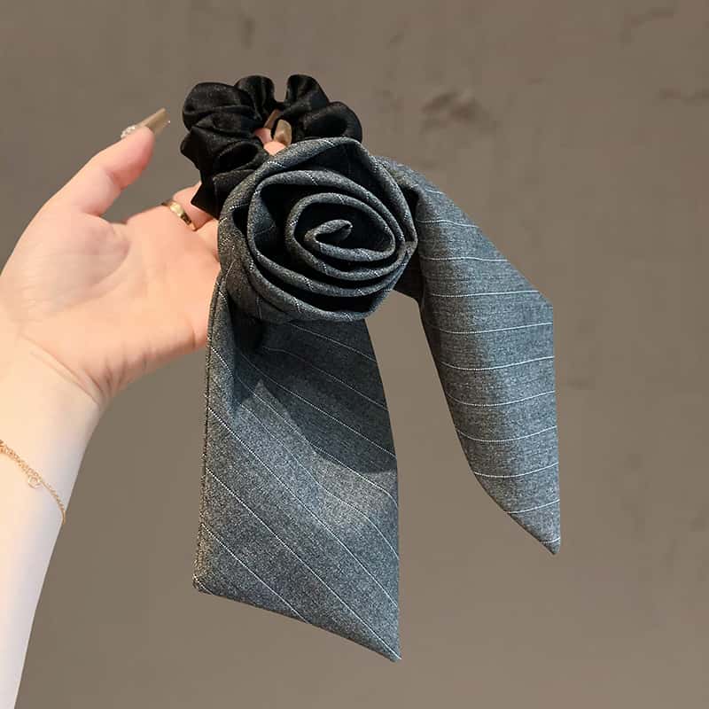 法式复古条纹玫瑰发圈高级感气质扎低马尾头绳新款百搭弹力头花女