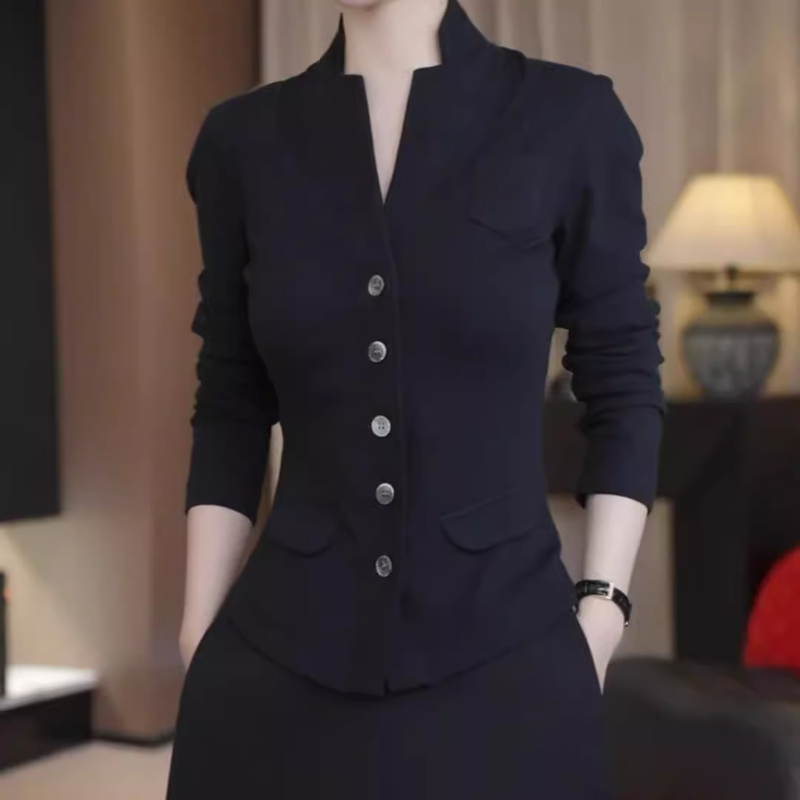 2025春秋季新款女士复古港风黑色立领长袖外套v领修身显瘦上衣服