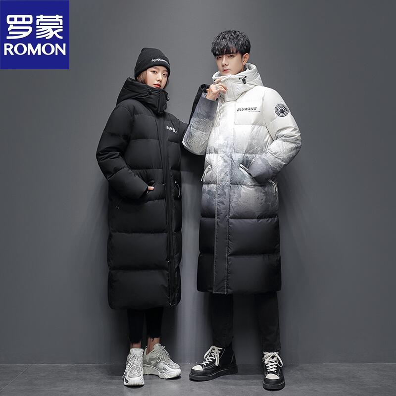 Romon/罗蒙2025年情侣长款保暖过膝时尚休闲保暖连帽加厚冬季外套