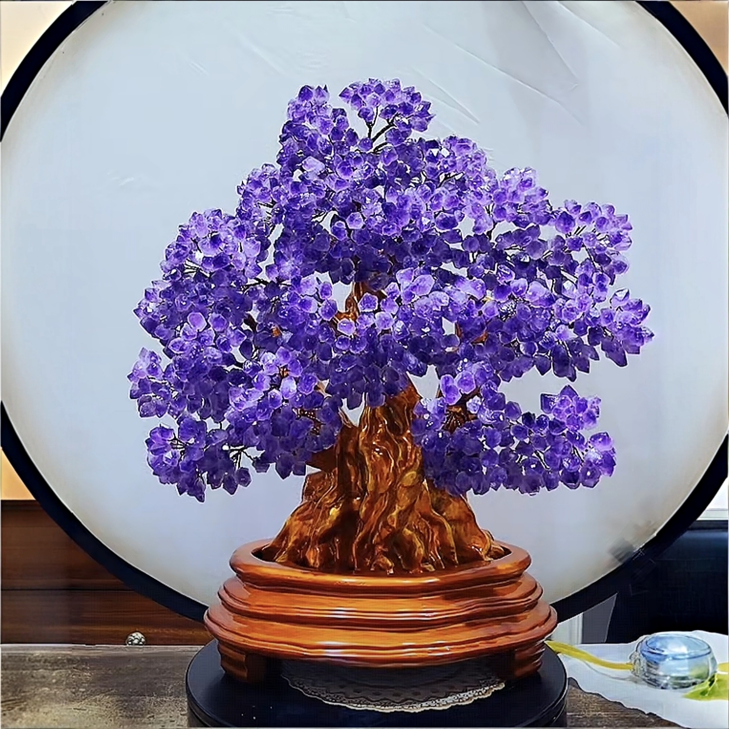 【卓越轻奢原创】花梨木实木创意净透紫水晶发财树百搭摆件手纯手工