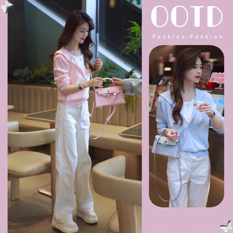 2025春秋新款时尚假两件连帽套头百搭小个子简约休闲针织衫上衣女