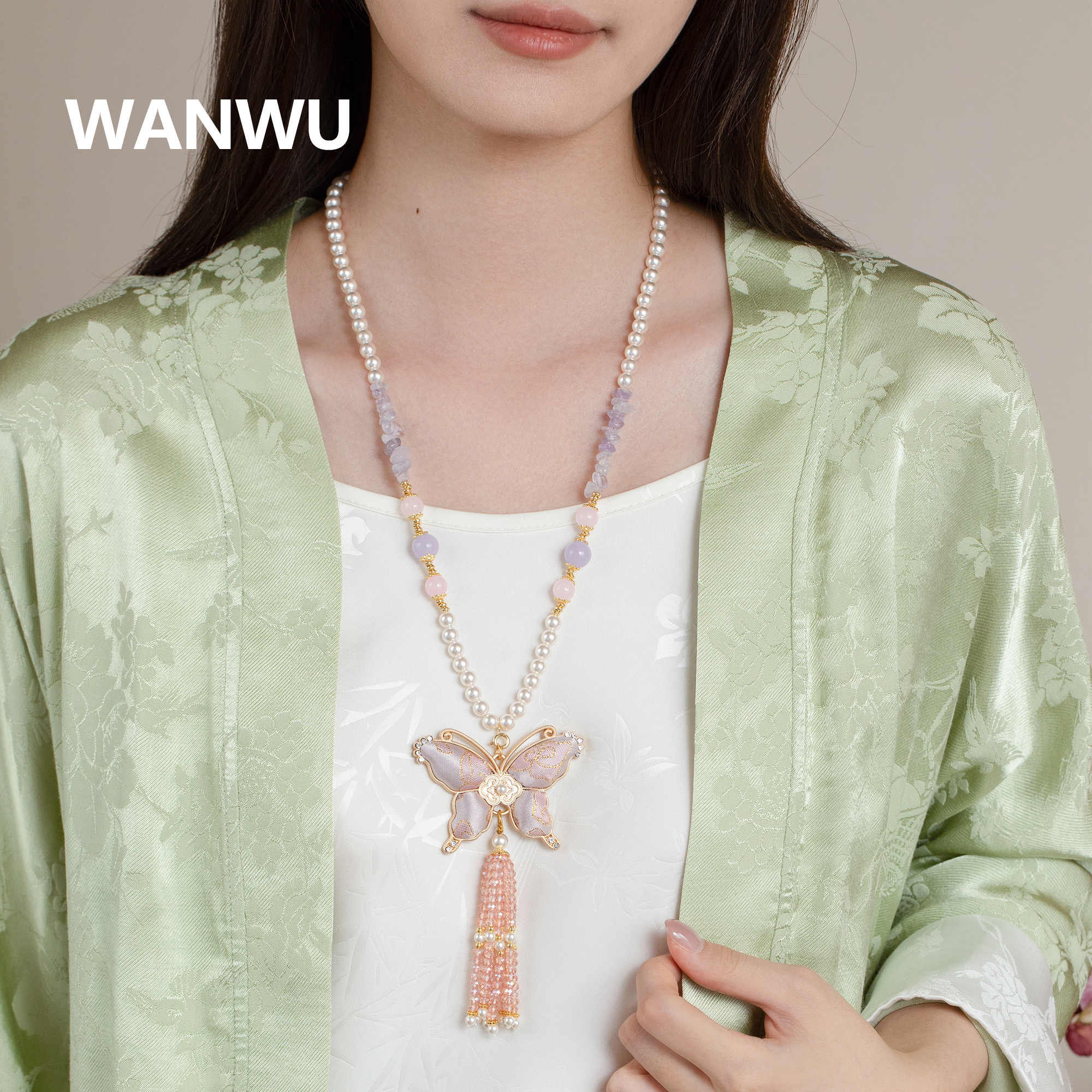 合金项链 晚湖新中式旗袍配饰非遗宋锦蝴蝶项链女长款串珠饰品