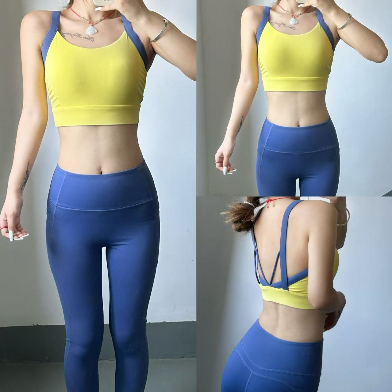 高强度拼色交叉美背一体收副乳防震运动内衣女速干高腰提臀健身裤