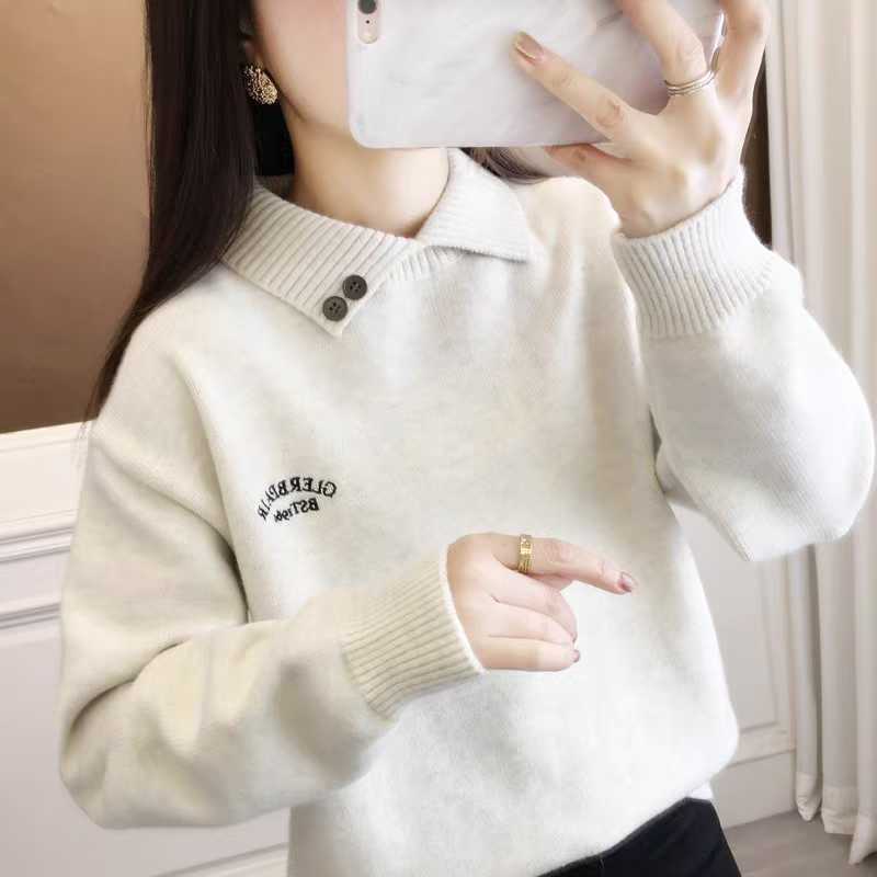 刺绣翻领纽扣套头衫毛衣女秋冬新款宽松百搭减龄软糯上衣针织衫潮