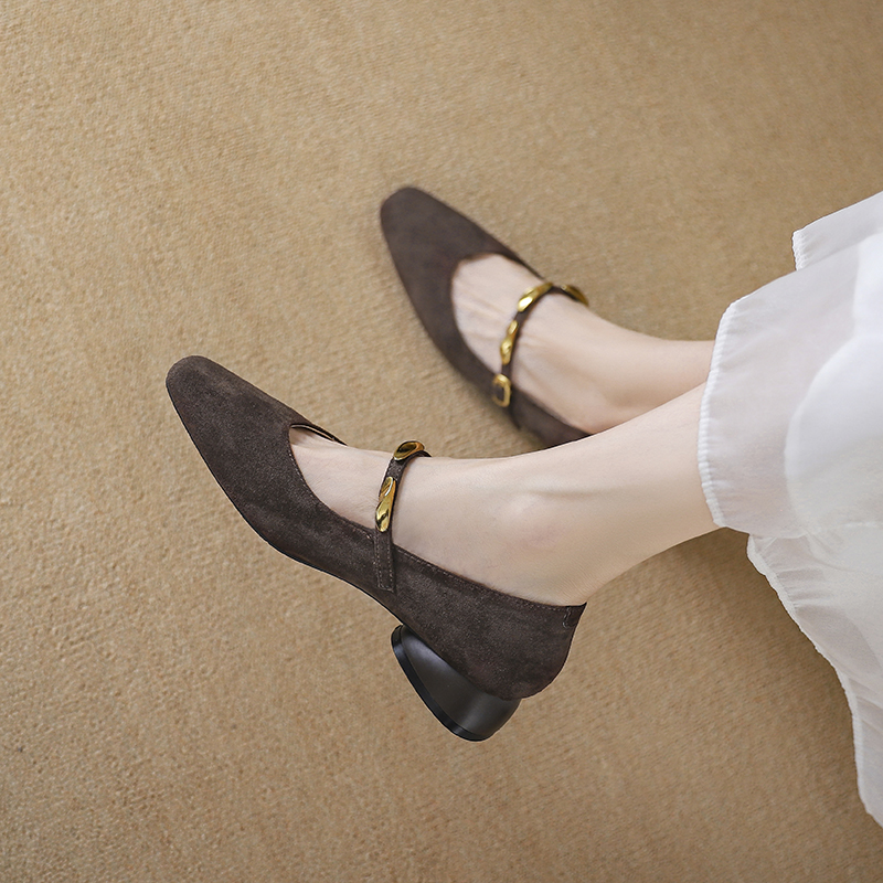 小金条扣带玛丽珍鞋真皮2025新款复古百搭低跟软面软底方头单鞋女