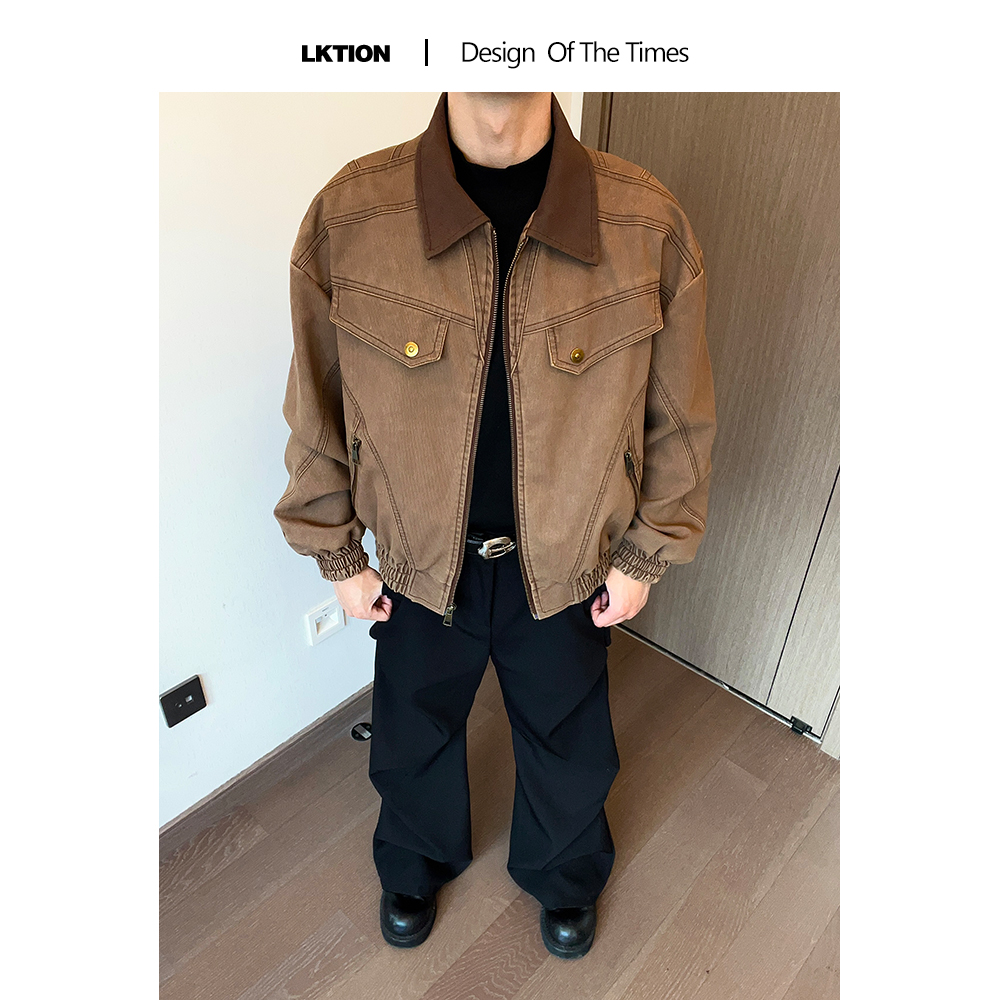 LK正品复古美式做旧水洗PU皮衣秋冬休闲男重磅质感廓形短款皮夹克
