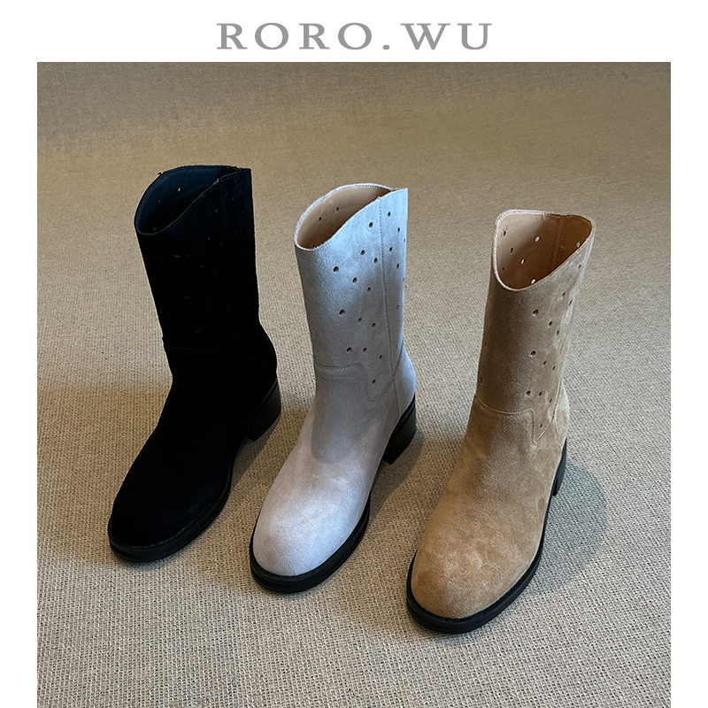 娆娆吴·磨砂牛皮简约复古短筒纯色日常秋冬新款舒适百度女靴X429