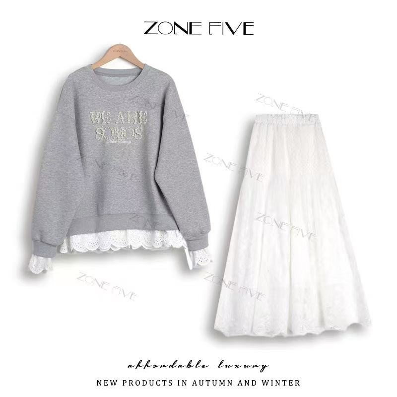 蕾丝边卫衣假两件字母珍珠刺绣春新款洋气套装 5381-1