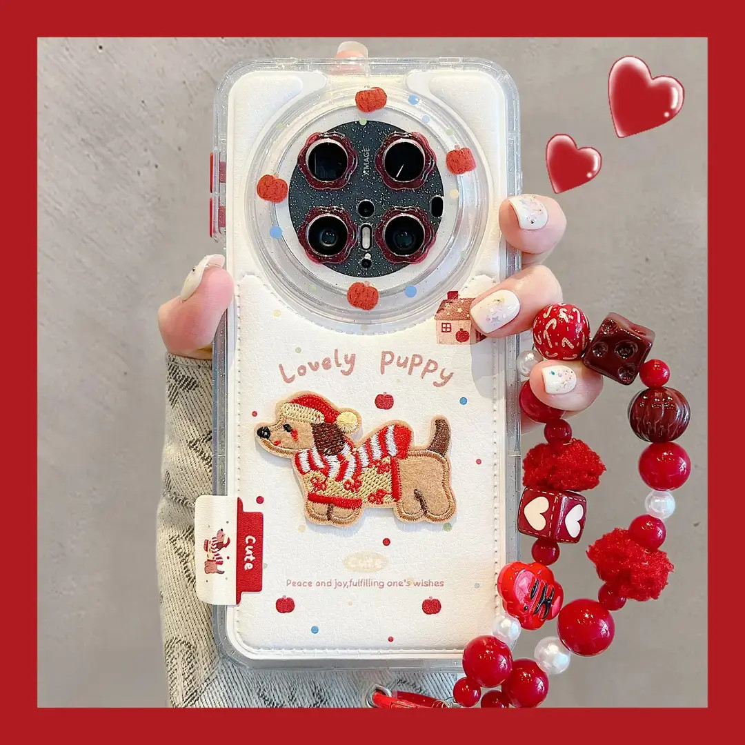 适用华为mate70pro 手机壳皮质红苹果mate60pro 波点刺绣圣诞小狗