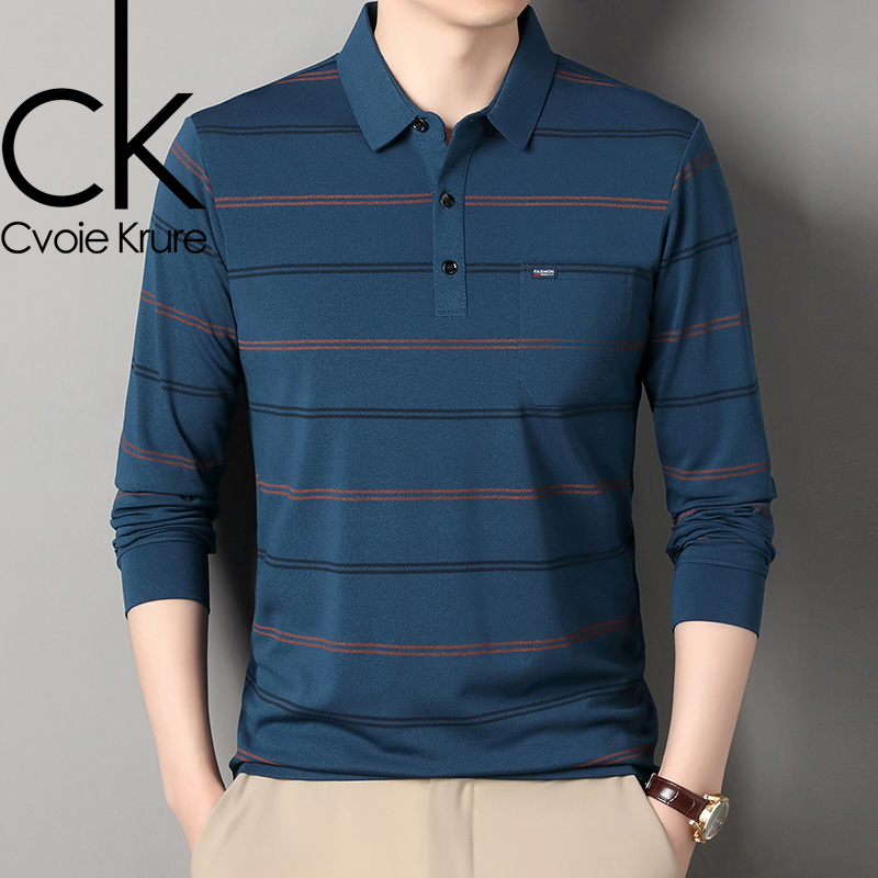 Cvoie Krure长袖T恤男士春秋季条纹中老年男装翻领中年polo衫打底