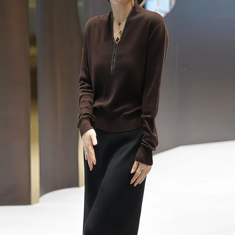 咖色V领长袖针织衫女2025秋季新款洋气舒适百搭显瘦欧货大码上衣