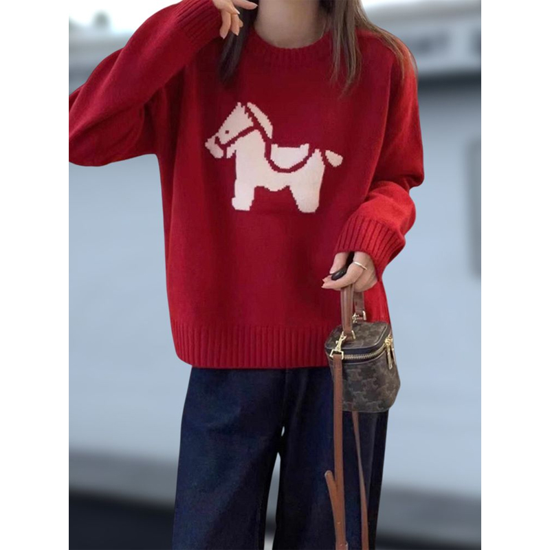 本命年红色毛衣马年衣服图案针织衫女冬季穿搭新年圣诞超好看上衣
