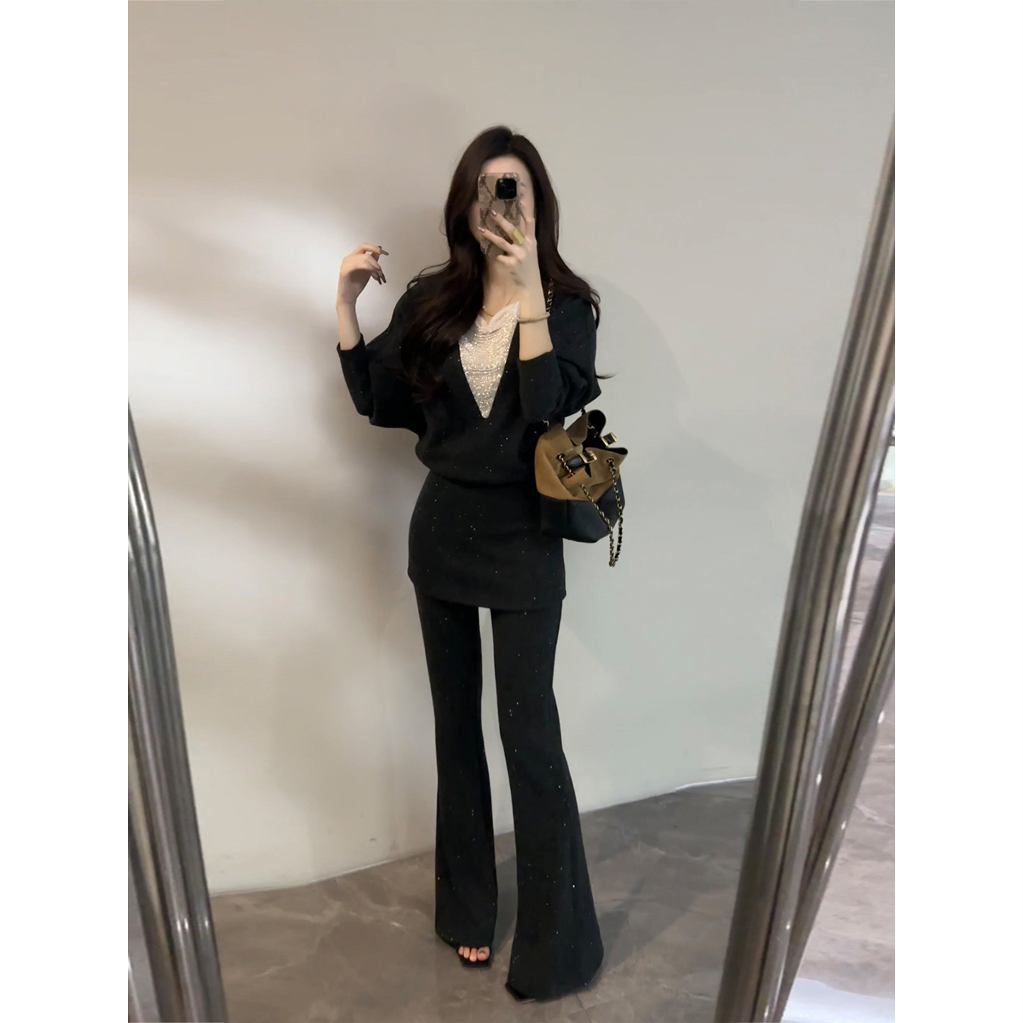 【大婷婷】秋冬新款拼接时尚修身满天星显瘦气质休闲套装DT1793