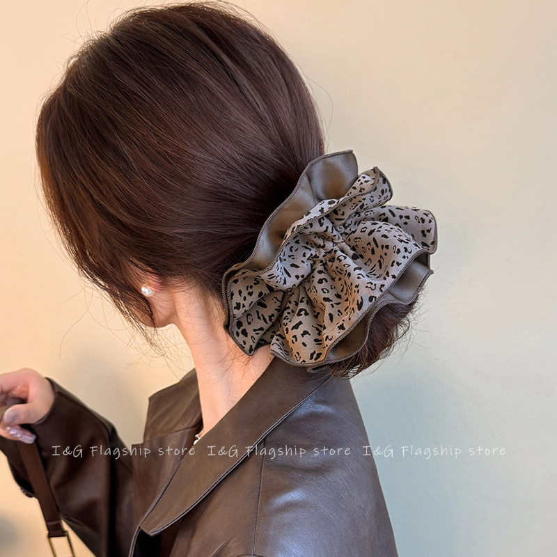 韩国复古咖色豹纹缎面四层大肠发圈女高级感丸子头超大号头绳头饰
