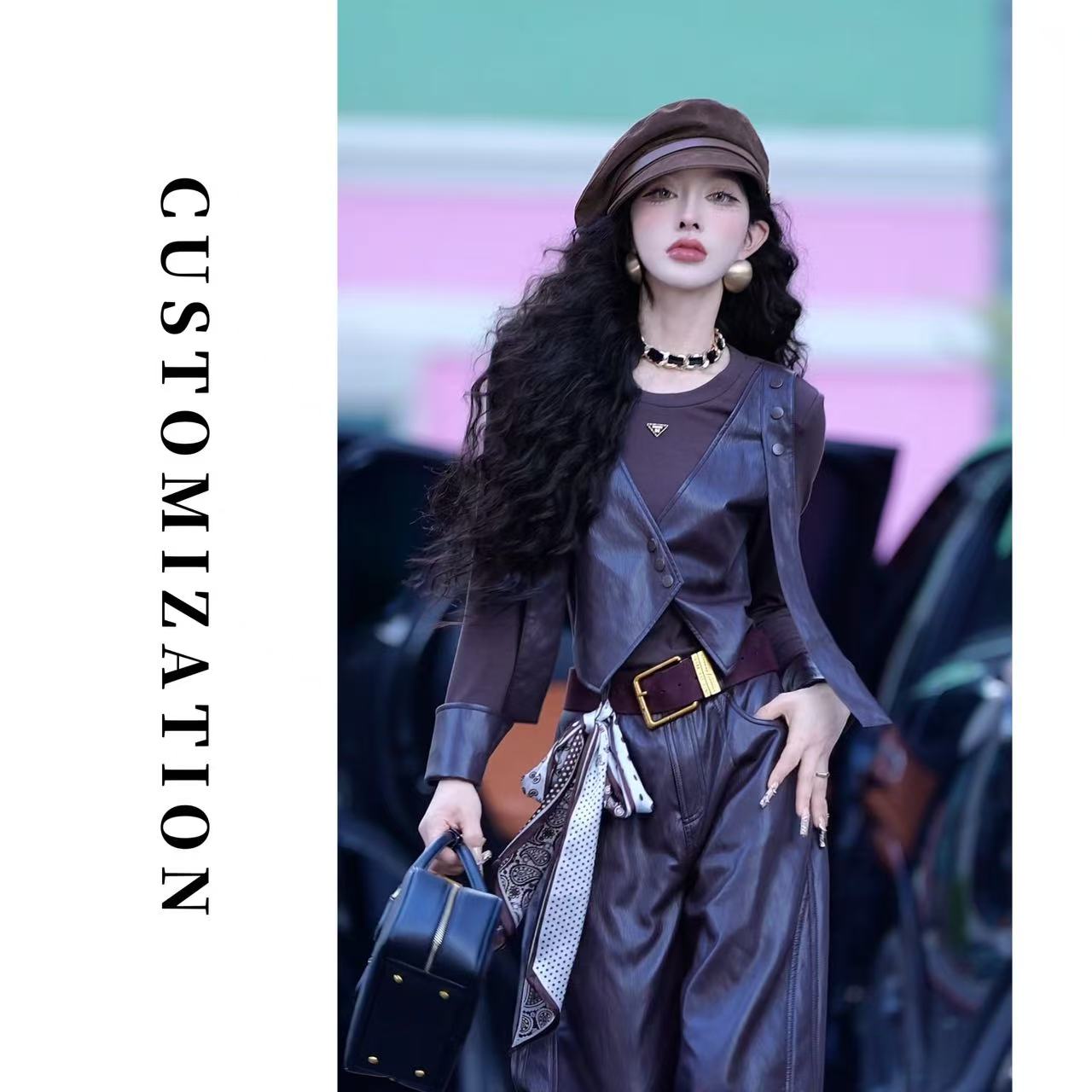 2025秋款长袖圆领长袖拼接皮马甲带肩系带气质假两件上衣3546