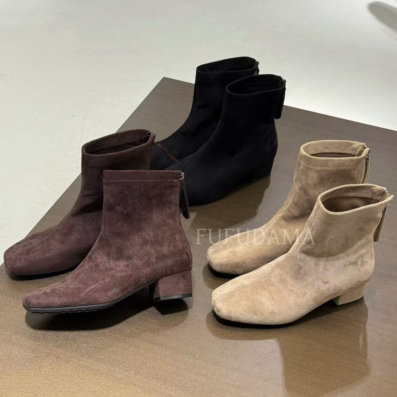 【胖福福大码女鞋】马丁靴复古粗跟短靴女后拉链低跟瘦瘦靴