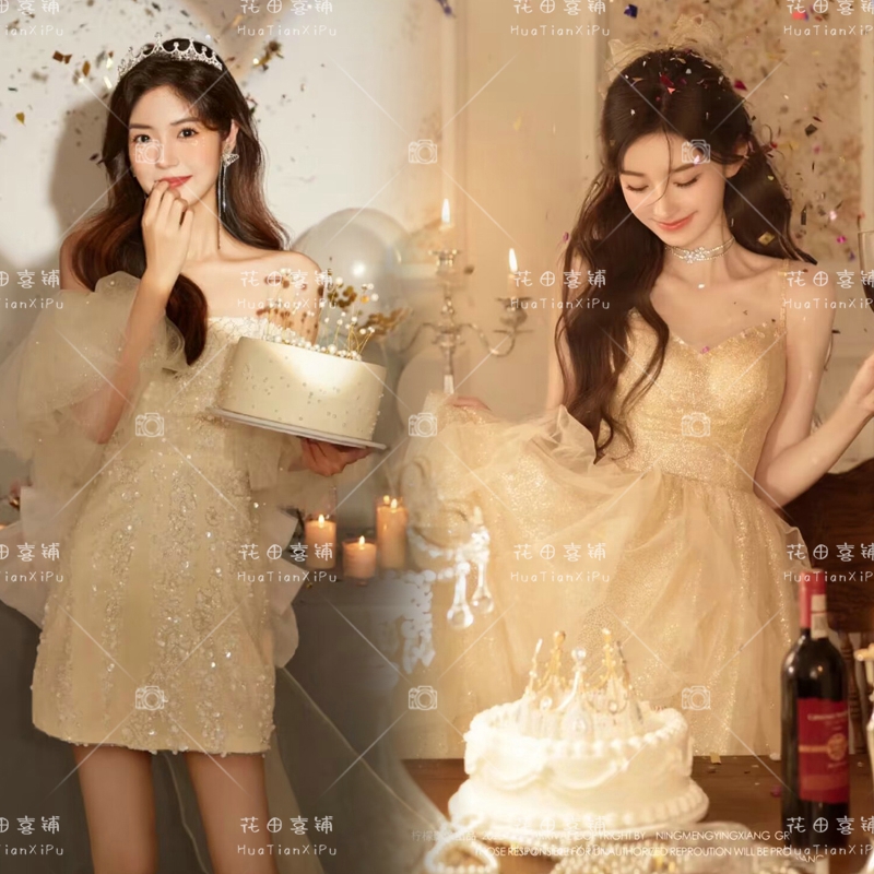 影楼新款法式名媛气质高级感一字肩连衣裙个人生日照拍照写真礼服