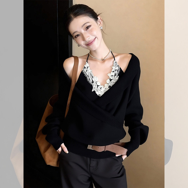 黑色挂脖别致独特漂亮小衫假两件毛衣洋气高贵针织衫上衣女装秋冬