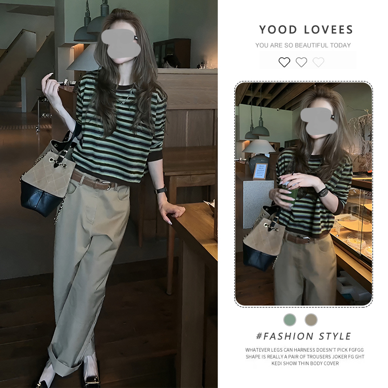 今年流行漂亮茶系穿搭一整套炸街减龄时尚条纹上衣长裤两件套装女