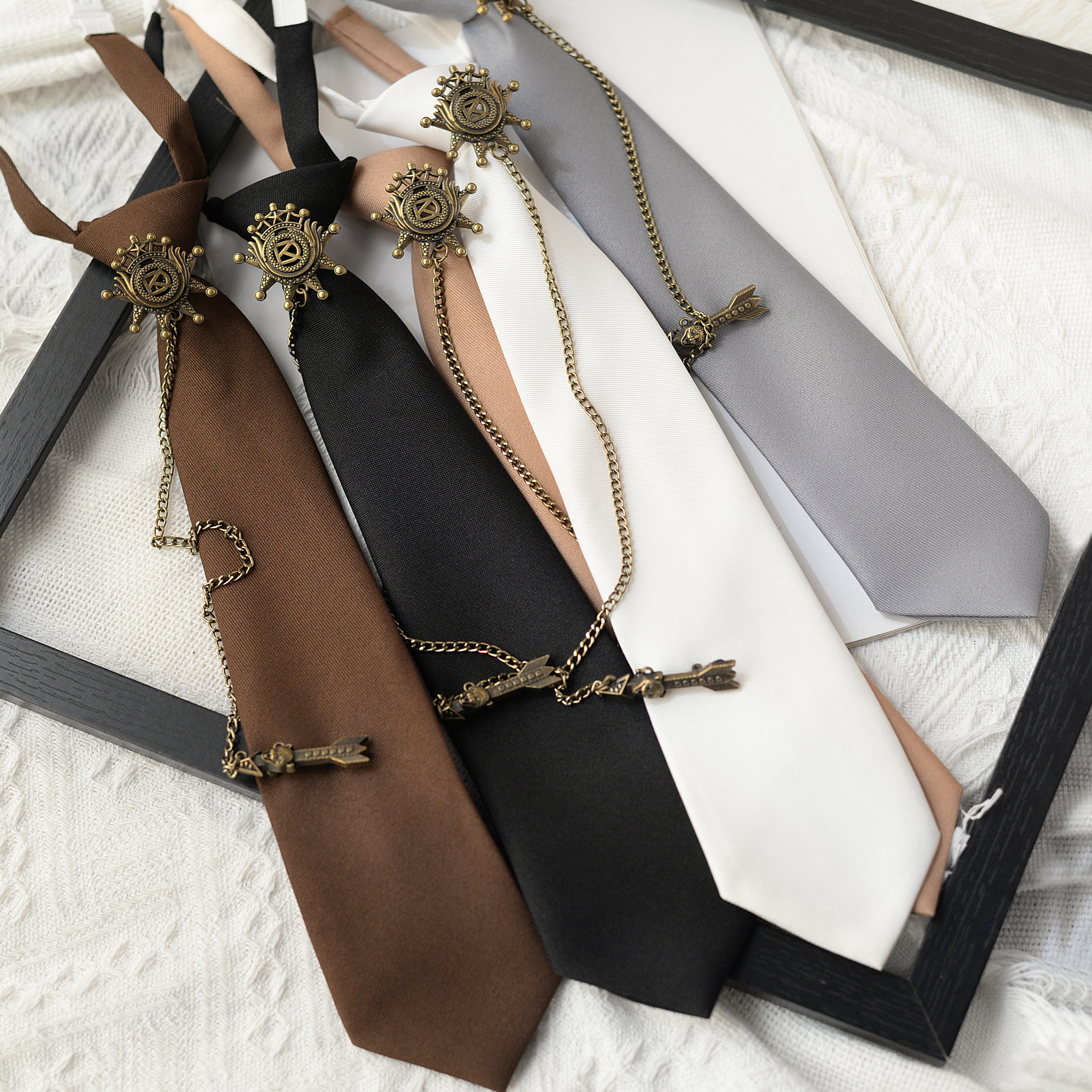 青古徽章领带时尚休闲复古免打短款衬衫配饰高级感文艺优雅黑色棕