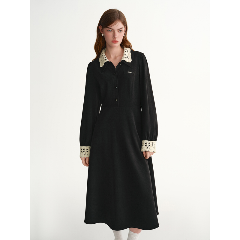 独束大码女装【轻甜因子】可拆卸撞色钩花领赫本风连衣裙25DS84607