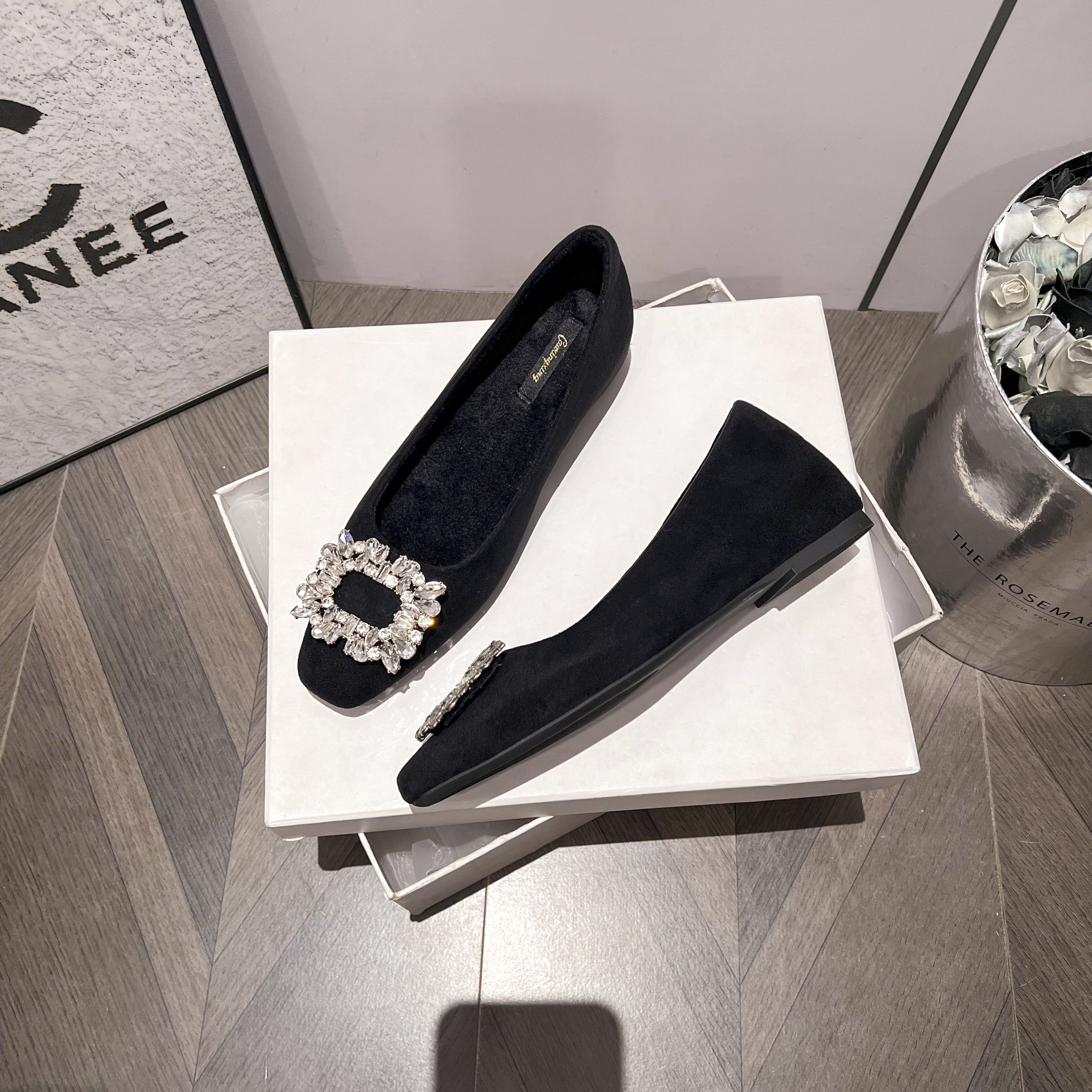 内增高水钻方扣单鞋单鞋方扣平底时尚黑色气质小方头浅口单鞋