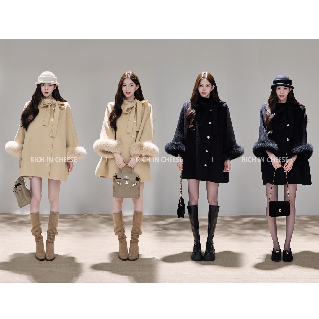 RICHINCHEESE 贵奢千金 狐狸毛袖口绵羊毛冬季双面呢高级毛呢外套