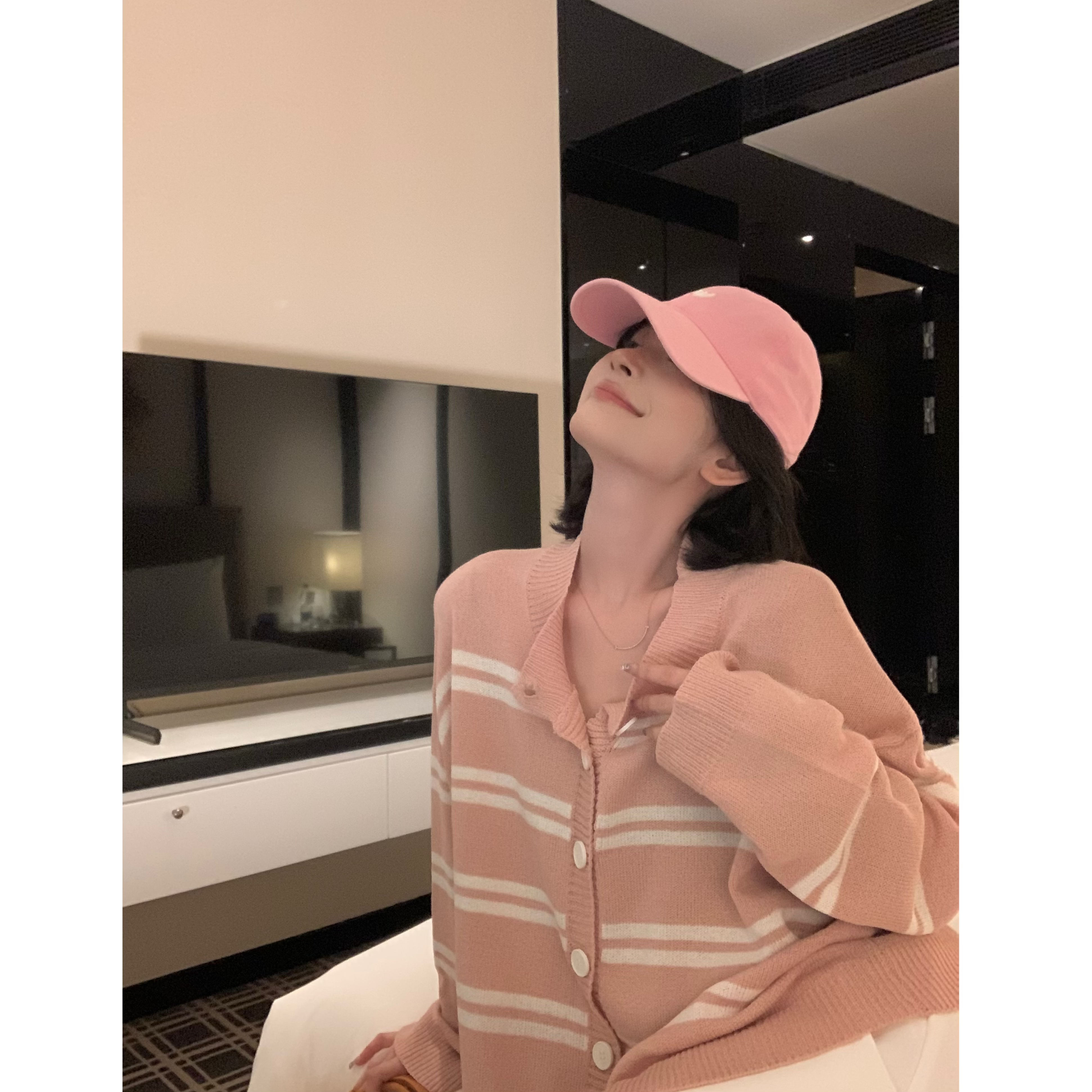 现货【条纹少女】早秋新款条纹开衫毛衣外套女宽松短款上衣62532