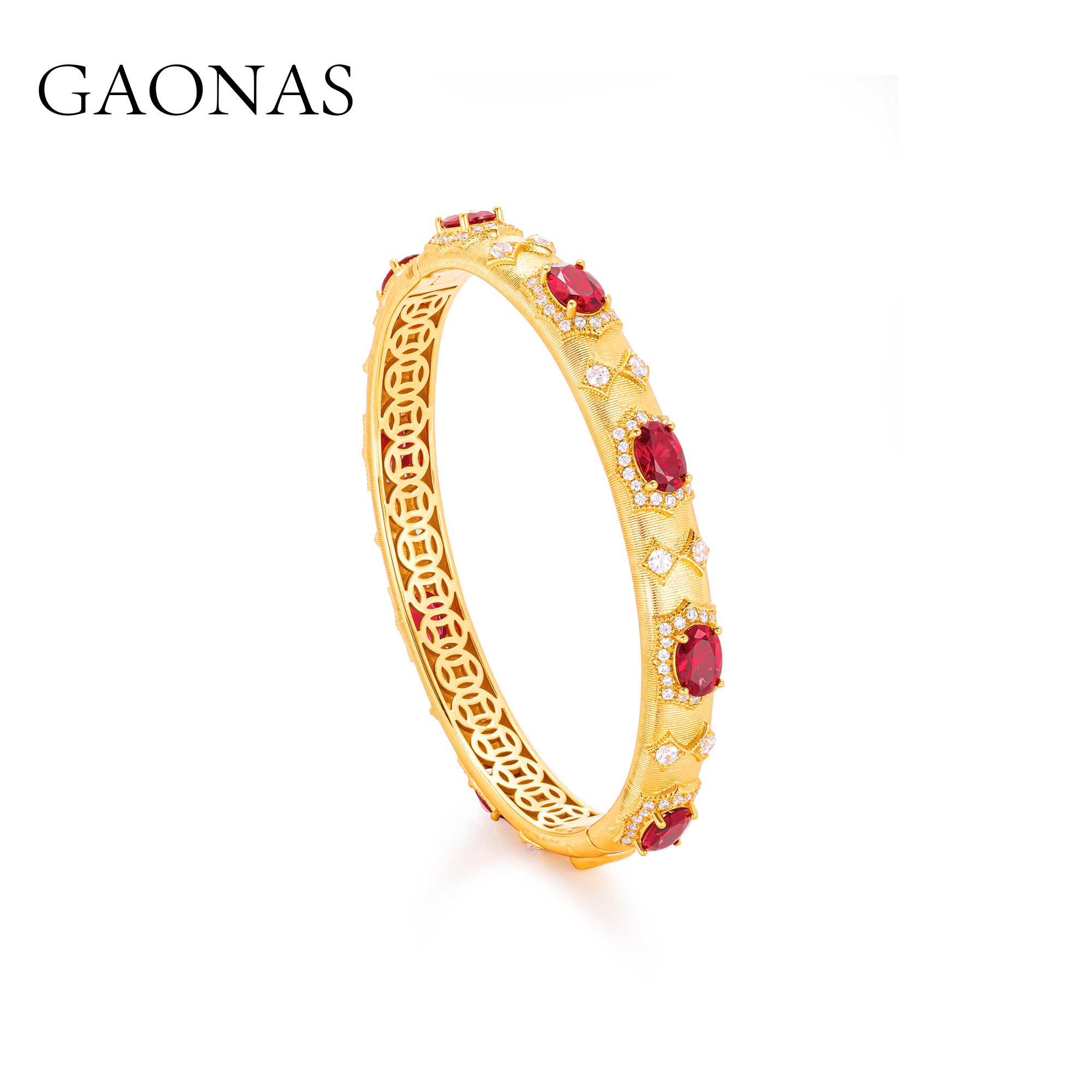 GAONAS 铜合金合成锆石手镯 时尚红色贵气华丽美金色手镯 11328SR