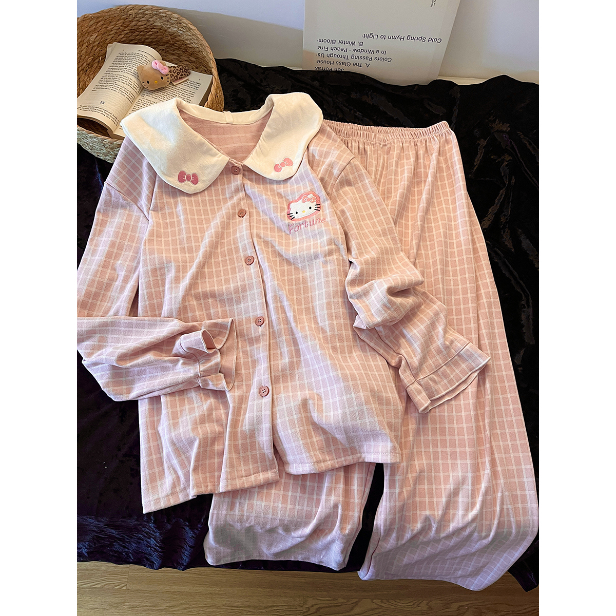 韩版粉色格纹甜美kitty猫德绒睡衣女秋冬亲肤软糯长袖家居服套装