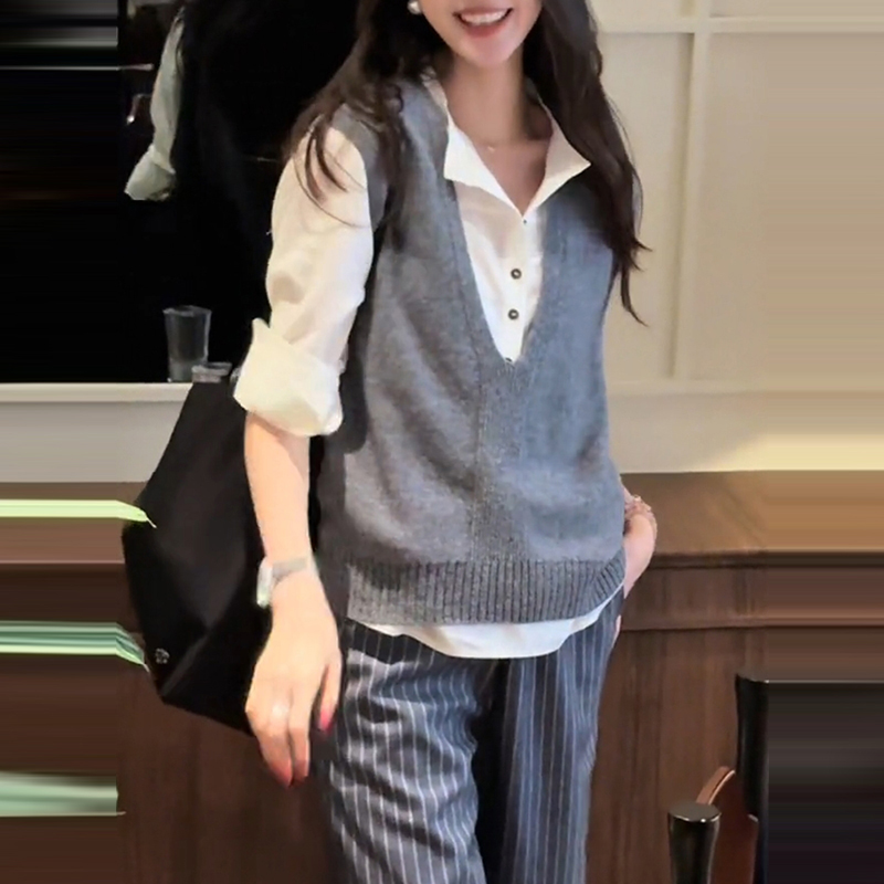秋季新款女装时尚洋气针织马甲内搭长袖衬衫休闲两件套装春秋款