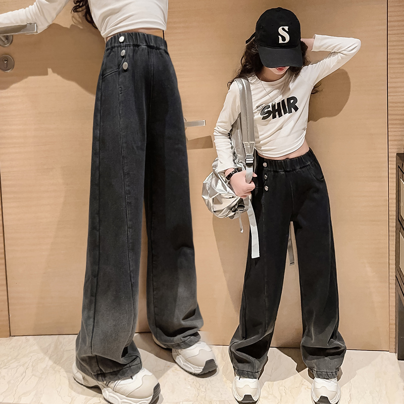 女童秋装裤子2025新款中大儿童秋冬装宽松直筒渐变加绒牛仔阔腿裤