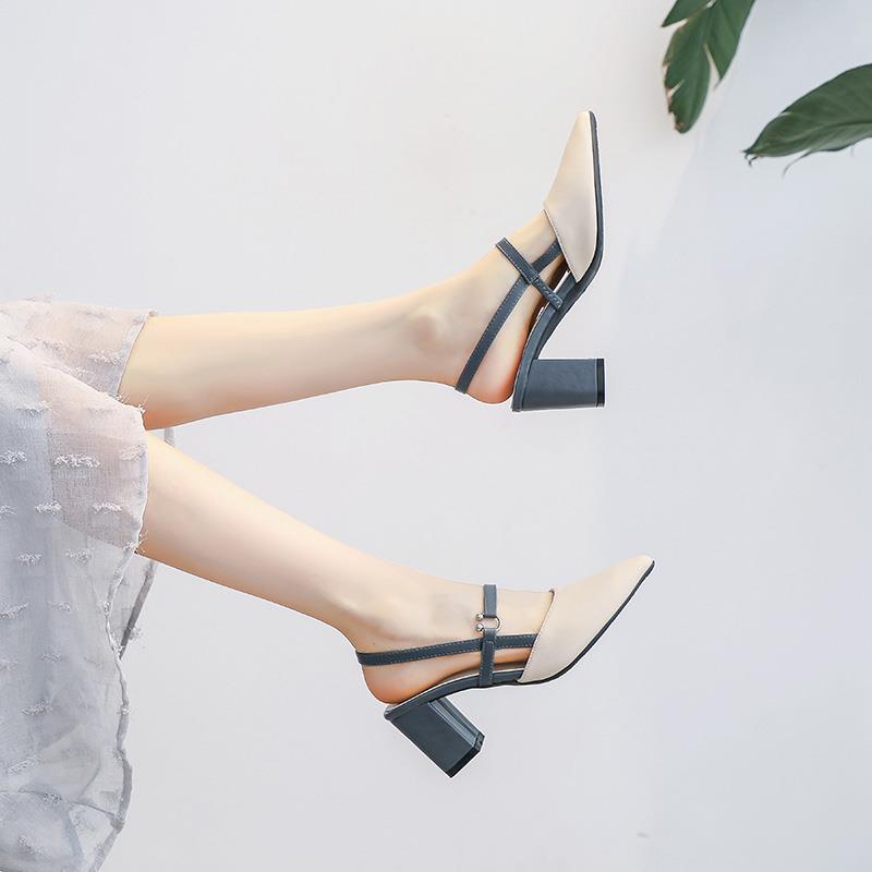 包头凉鞋女2025年夏季新款百搭粗跟中跟单鞋温柔仙女风尖头高跟鞋