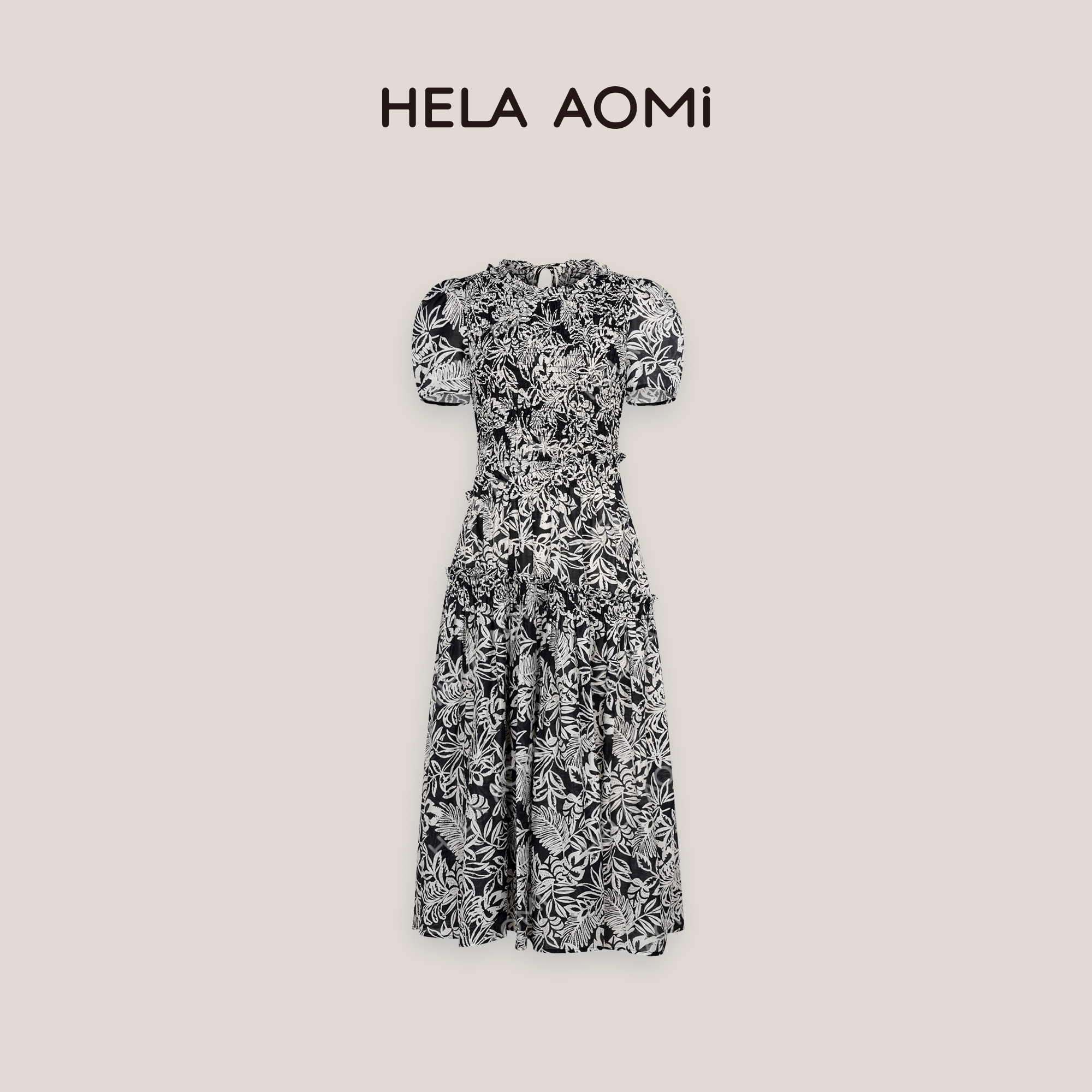 HELAAOMI“黑瑙繁花”莱赛尔亚麻收腰复古印花连衣裙CY5BZ72806