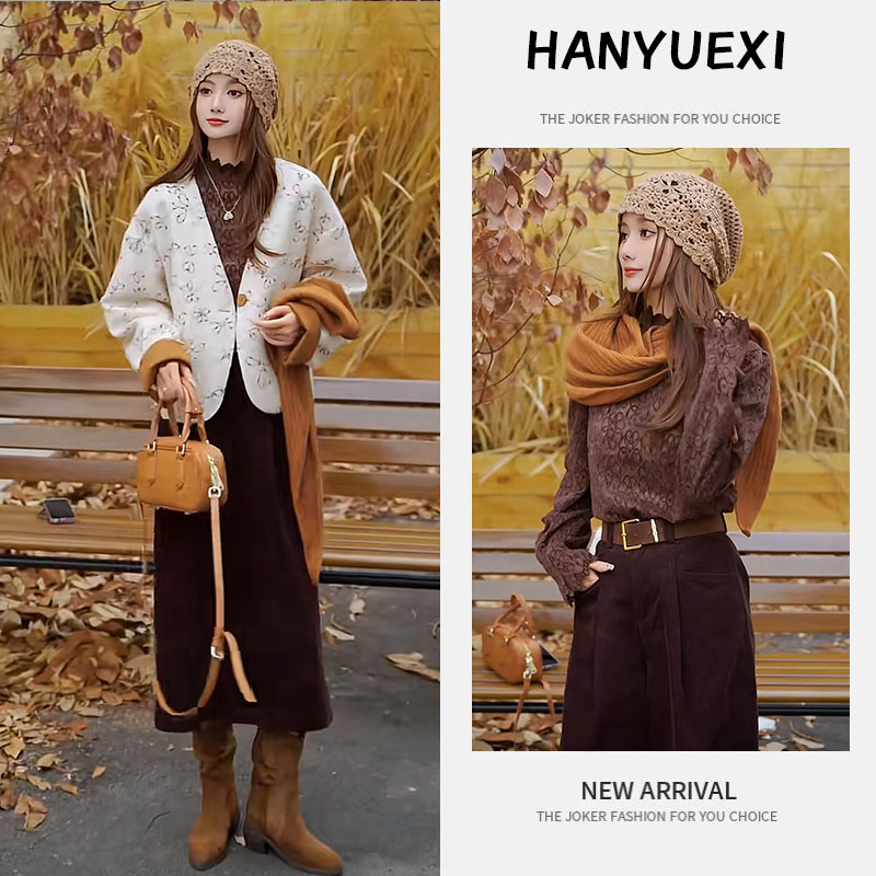 秋季搭配一整套女装2025新款蕾丝打底衫设计宽松外套阔腿裤三件套