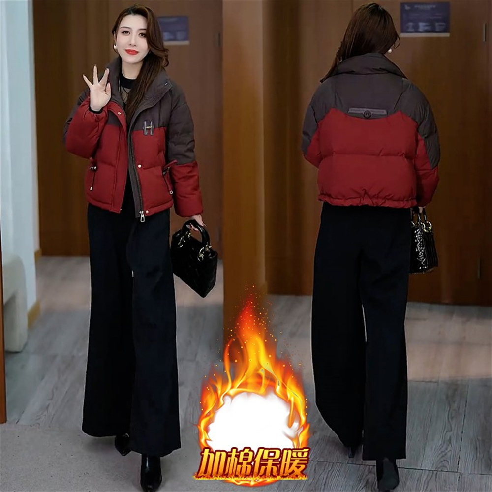时尚加厚拼色短款棉服女2025年冬季新款洋气韩版宽松百搭棉衣外套