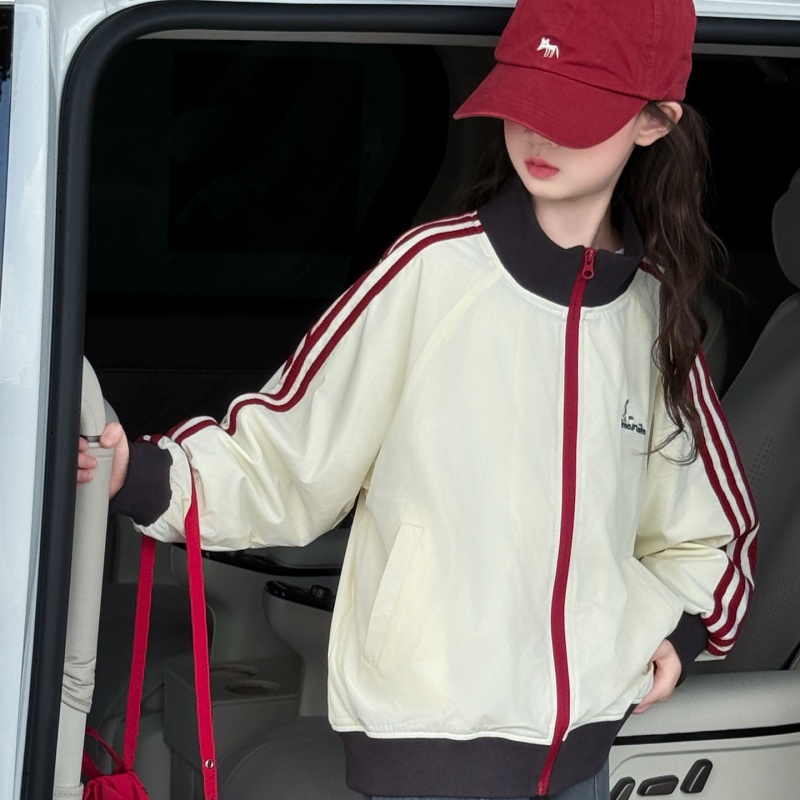 女童春秋新款休闲风字母冲锋衣秋季童装撞色秋季时尚外百搭外套潮