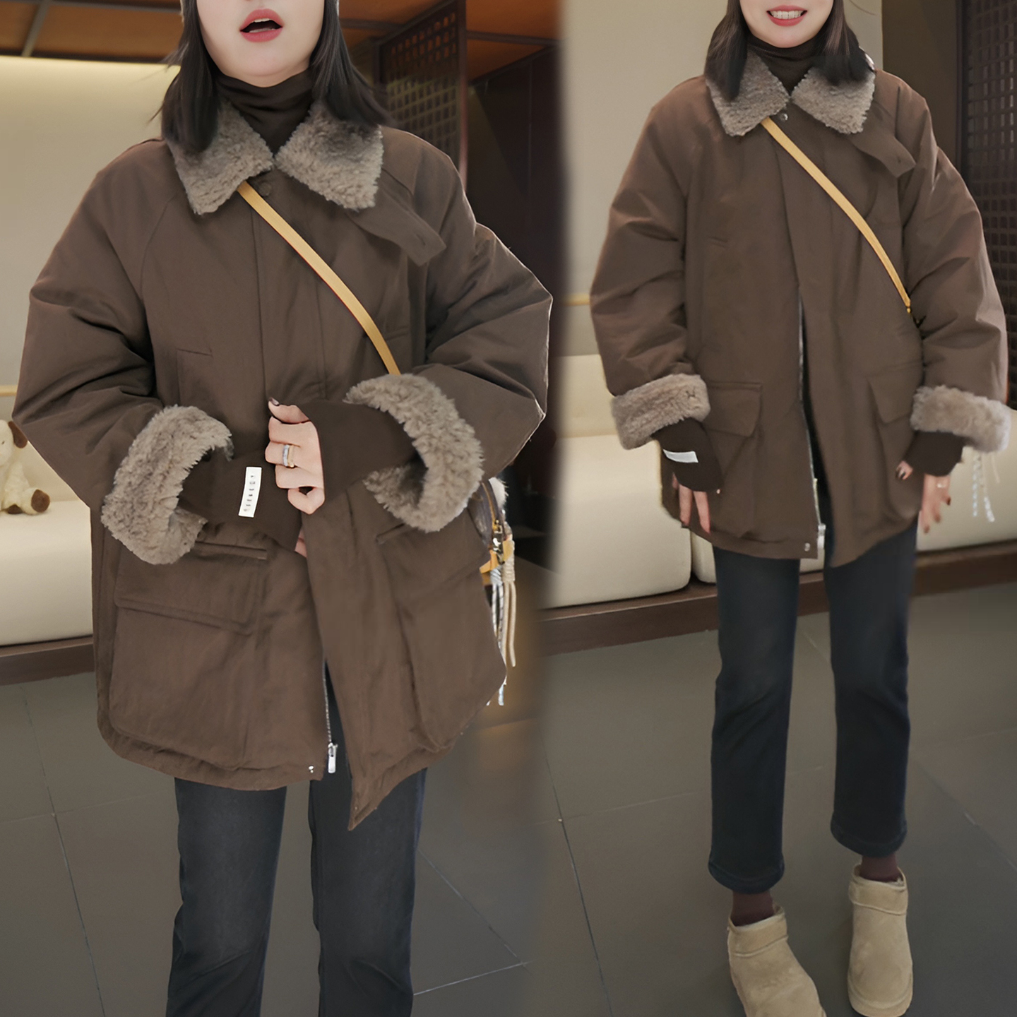 高级感时尚加绒加厚保暖外套女中长款棉服2025冬季新款毛毛上衣潮