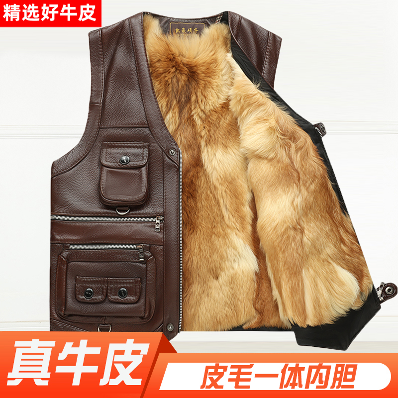 真皮马甲男士冬季老年人头层牛皮马甲多兜口袋爷爷背心坎肩爸爸装