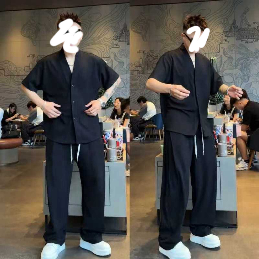 秋季垂感透气V领短袖衬衫长裤两件套男士高级感纯色休闲运动套装