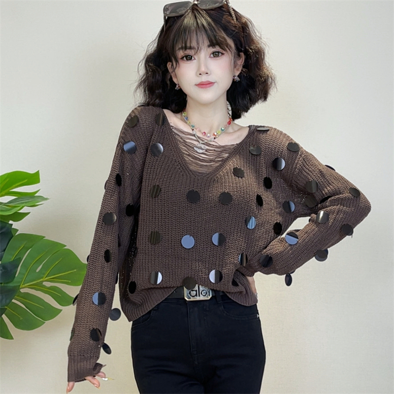 迪否法式亮片纯色针织衫2025秋季新款时尚百搭女士上衣2257