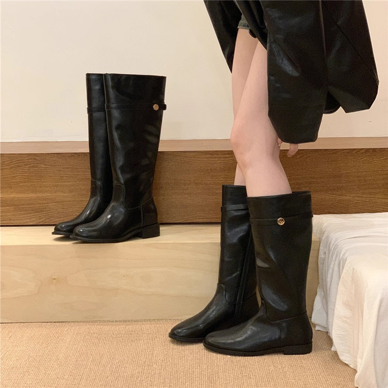 2025秋冬新款复古圆头粗跟厚底长筒靴女小金币不过膝高筒骑士靴女