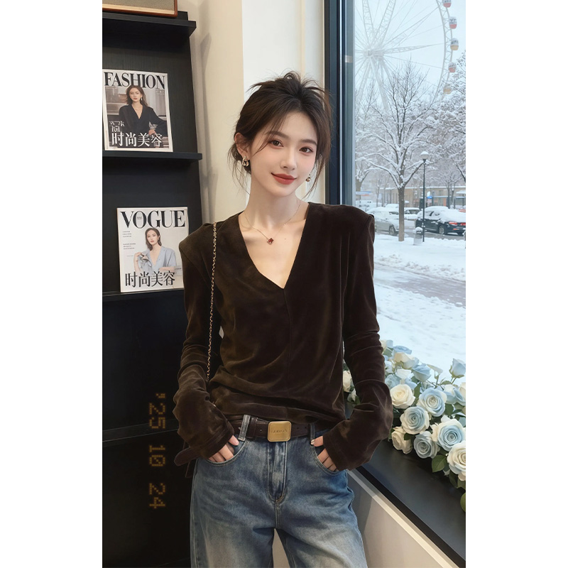法式气质丝绒V领长袖T恤女秋冬高级感内搭简约纯色显瘦打底衫上衣