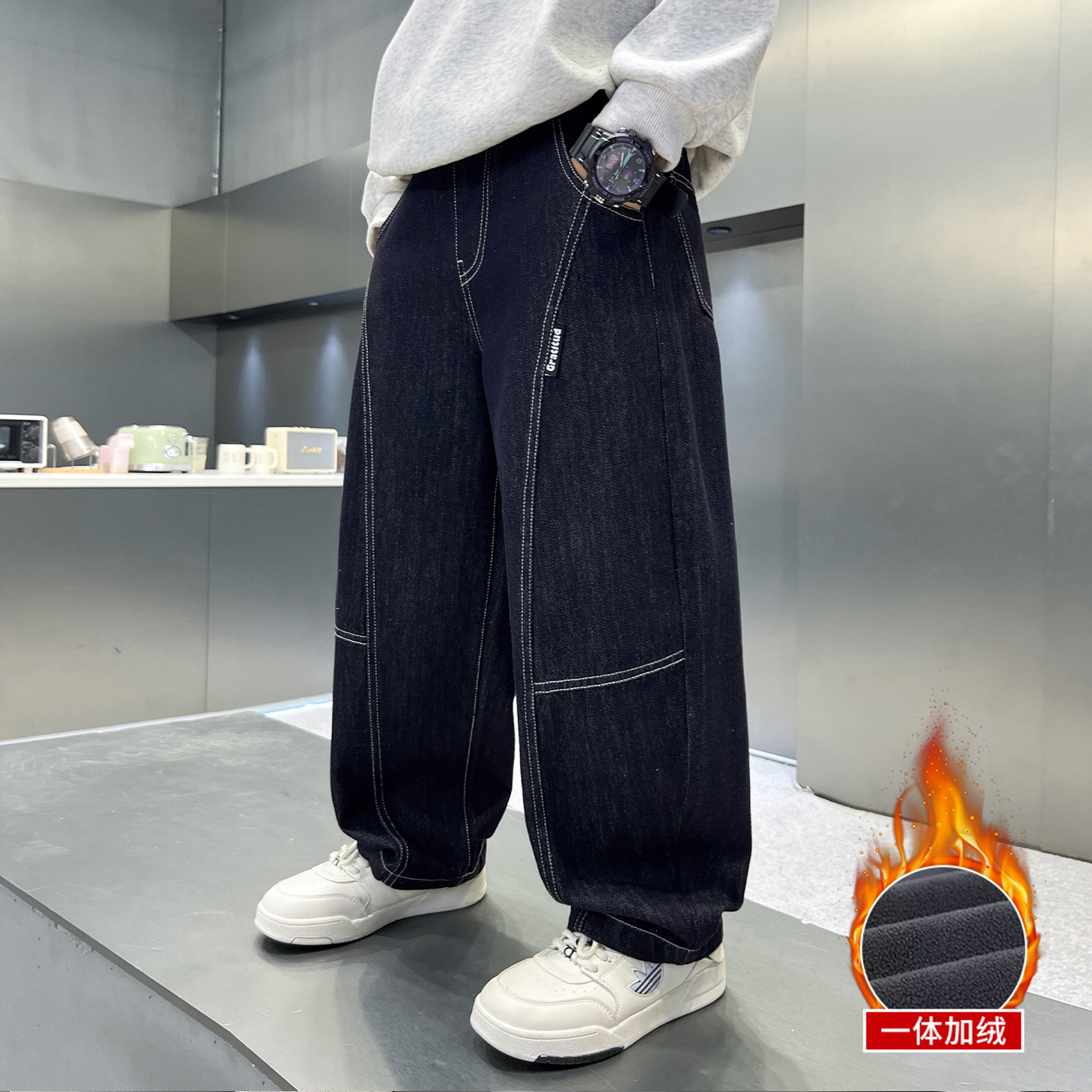 儿童装男童加绒裤子秋冬2025新款加厚保暖牛仔裤男孩中大童冬装潮