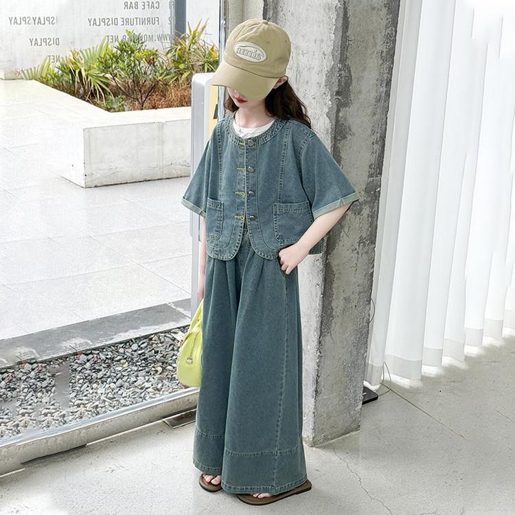 女童套装2025新款时髦牛仔上衣女孩春秋阔腿裤女大童洋气韩版春装