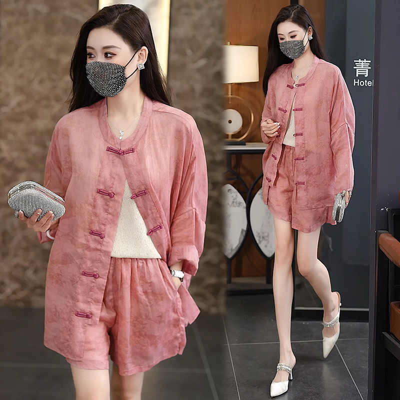 香朵儿休闲风新中式盘扣套装女2026夏季别致长袖防晒衬衫阔腿短裤