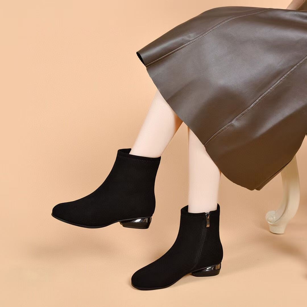 软皮磨砂短靴女2025年秋冬新款绒面女士皮鞋低跟圆头单靴春秋裸靴