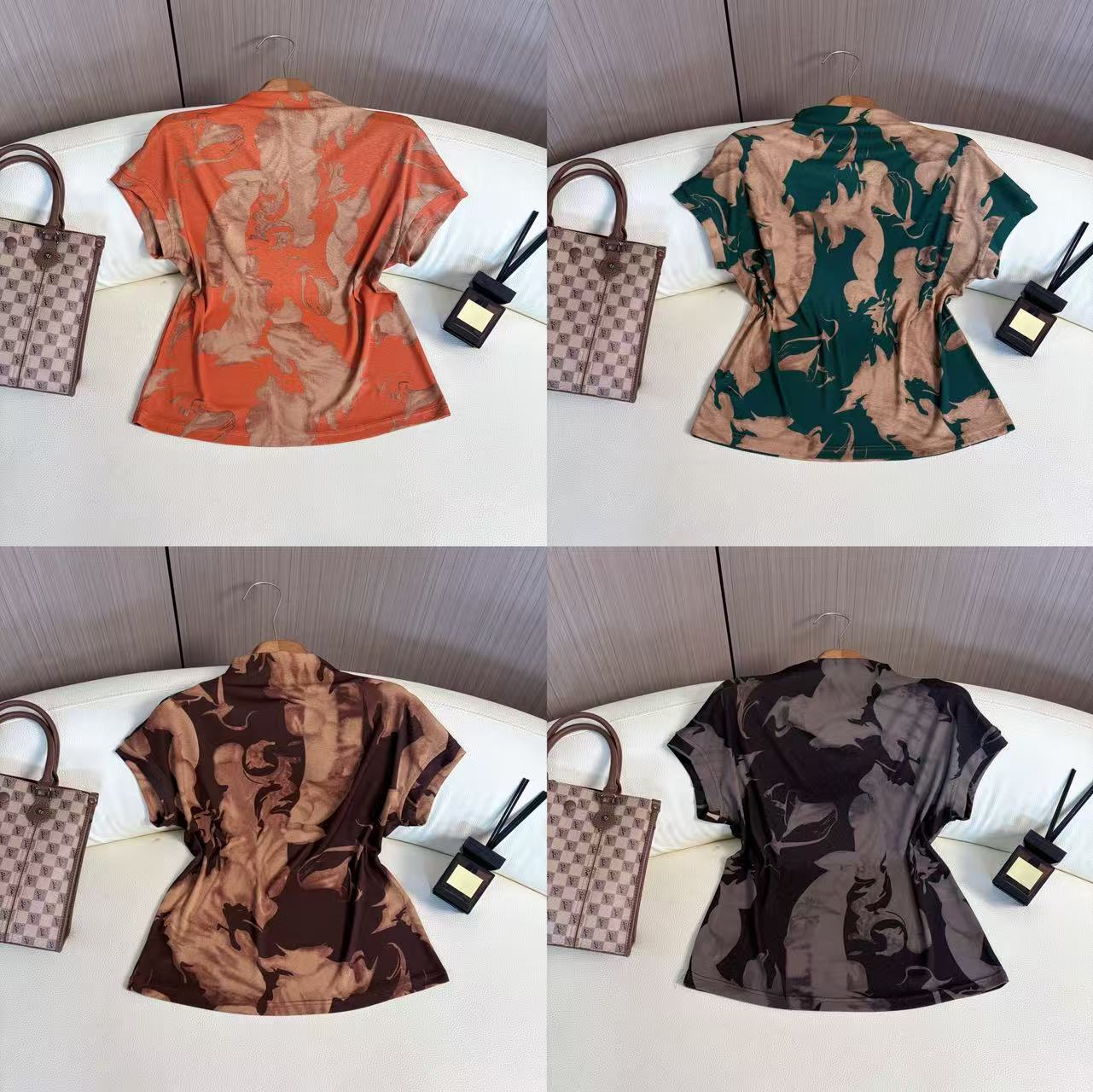 夏季女士高档半袖T恤衫一字领高级印花上衣