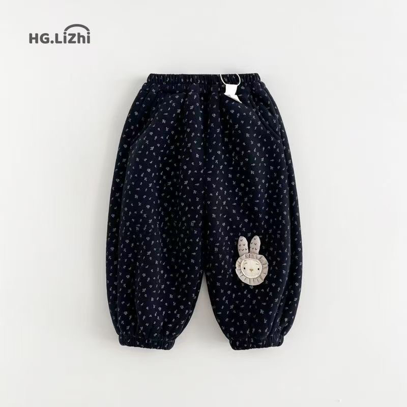 女童加绒裤子宝宝秋冬新款加厚洋气碎花束脚休闲外穿长裤休闲裤