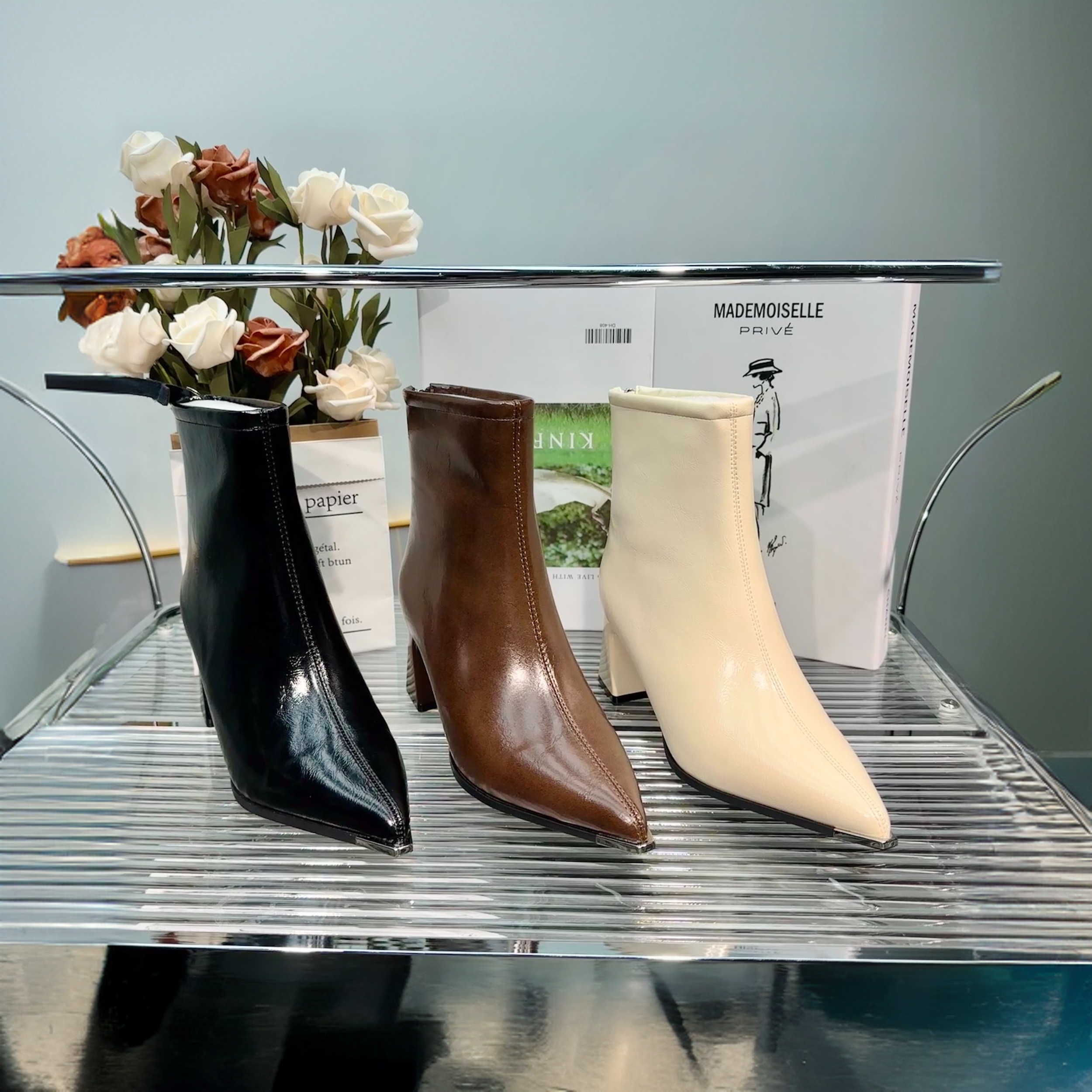 H9635韩版时尚尖头细跟跟编制短靴新款百搭时装靴时尚气质女鞋